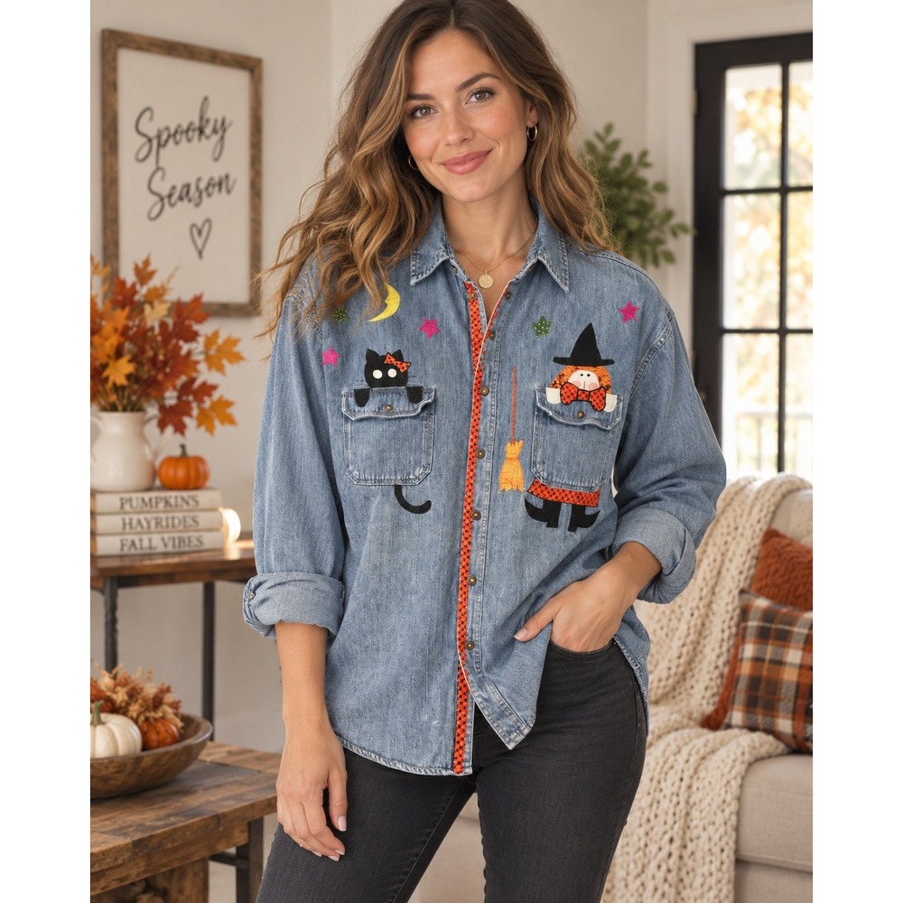 Vintage Upcycled Halloween Denim Shirt Womens Witch Cat Embroidered OOAK 2XL